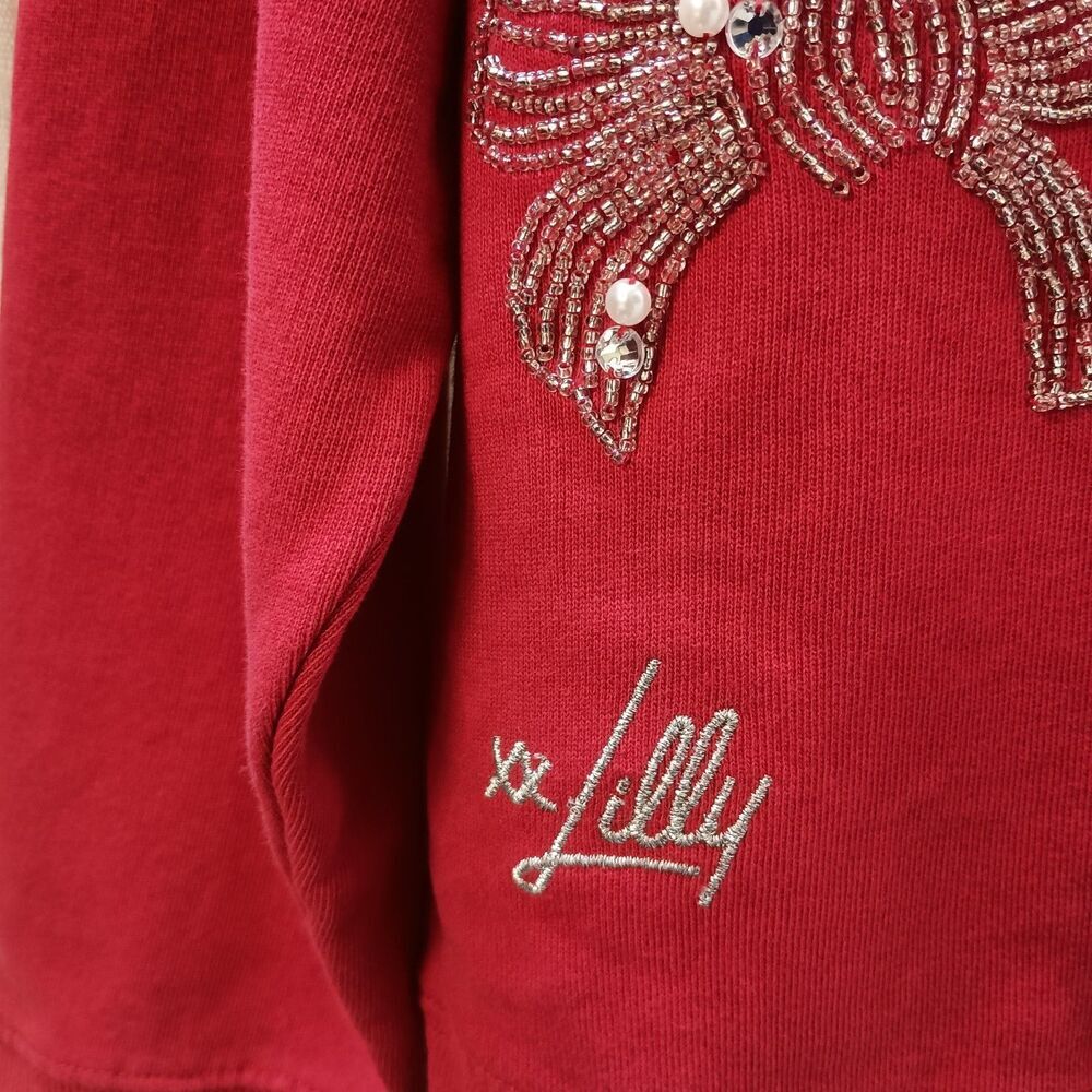 Lilly Pulitzer Ballad Sweatshirt Large Malbec Red Bow Terry Pullover Top - Picture 4 of 8
